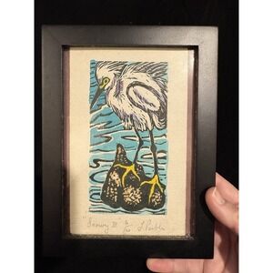 Signed Numbered White bird "Snowy II" print framed gallery wall L Peebles